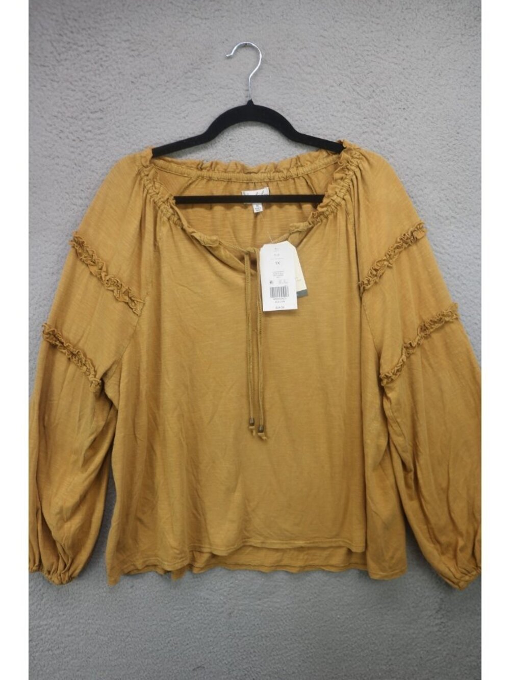 Wonderly Long Puff Sleeve Ruffle Top-Size 1X-NWT-Minimalist-Lagenlook-BOHO